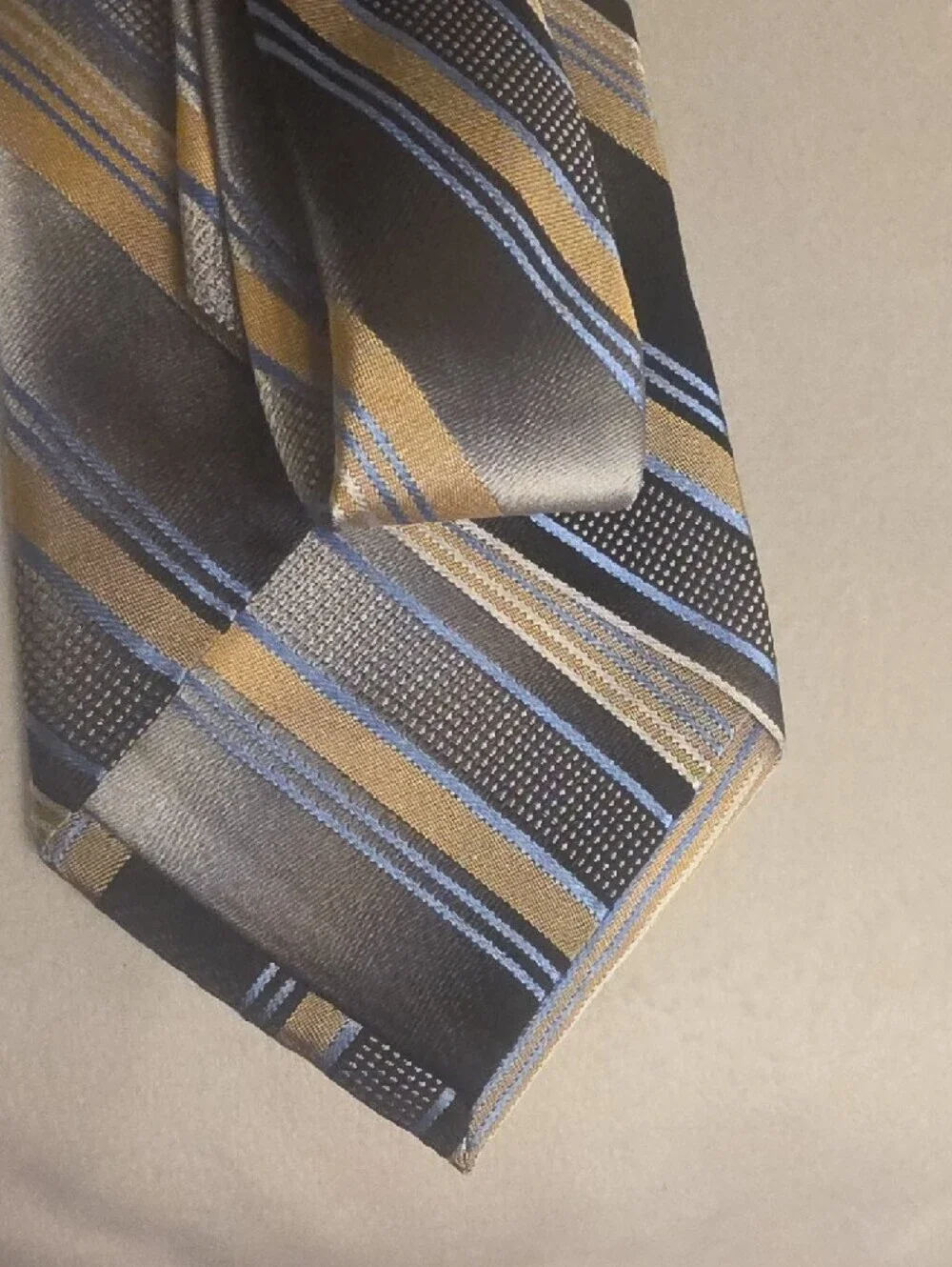 Pronto Uomo Silk Hand Made Gray Tie with Gold and Blue Stripes X Large 65 Inches